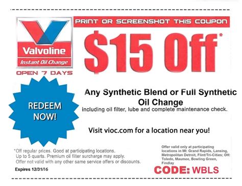 valvoline oil change coupons